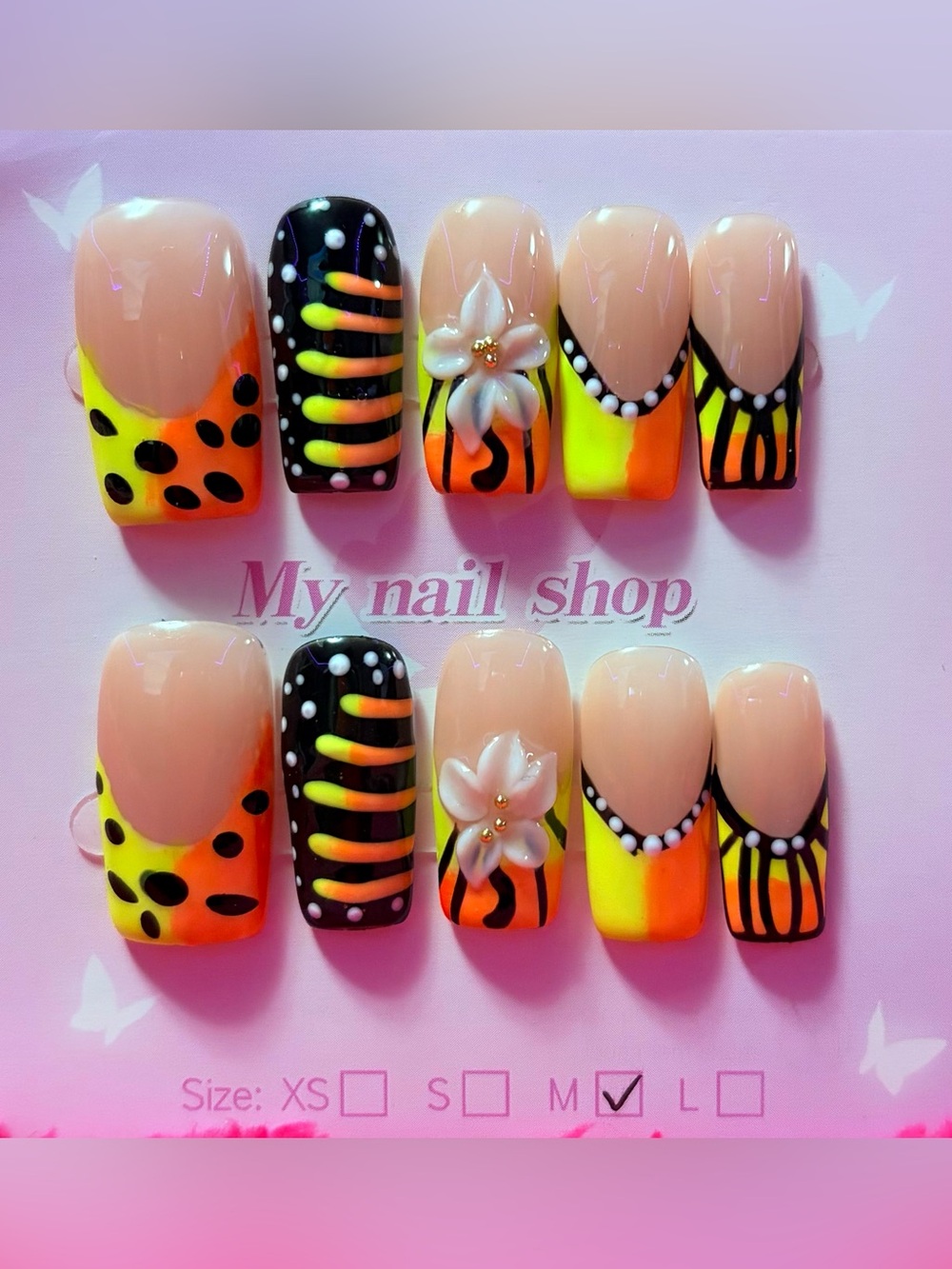 Neon Animal Print & Floral Press-On Nails - Yellow Black